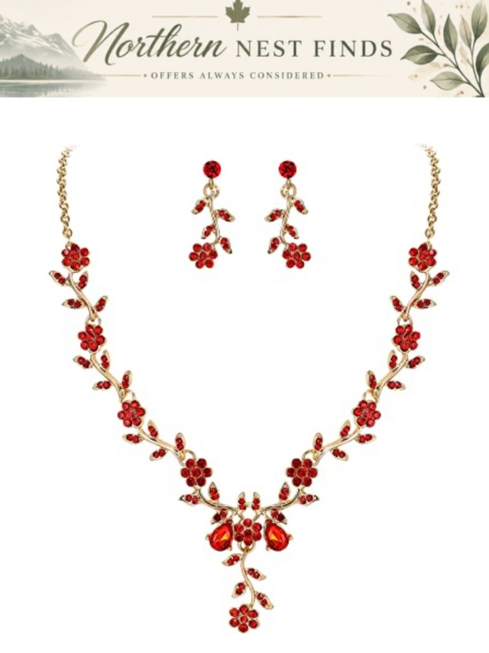 Crystal Vine Leaf Cluster Flower Dangle Earrings Pendant Necklace Set